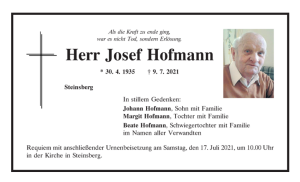 Totenanzeige Hofmann Josef